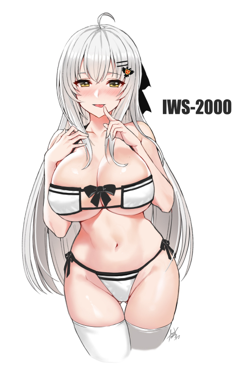 1girl :p ahoge ass_visible_through_thighs bangs bikini black_bow blush bow breasts character_name cleavage collarbone commentary cropped_legs eyepatch_bikini finger_to_mouth girls_frontline groin hair_ornament hand_on_own_chest index_finger_raised iws-2000_(girls_frontline) large_breasts looking_at_viewer navel nose_blush side-tie_bikini simple_background solo stomach strapless strapless_bikini swimsuit taesi thigh-highs thigh_gap tongue tongue_out white_background white_bikini white_legwear yellow_eyes