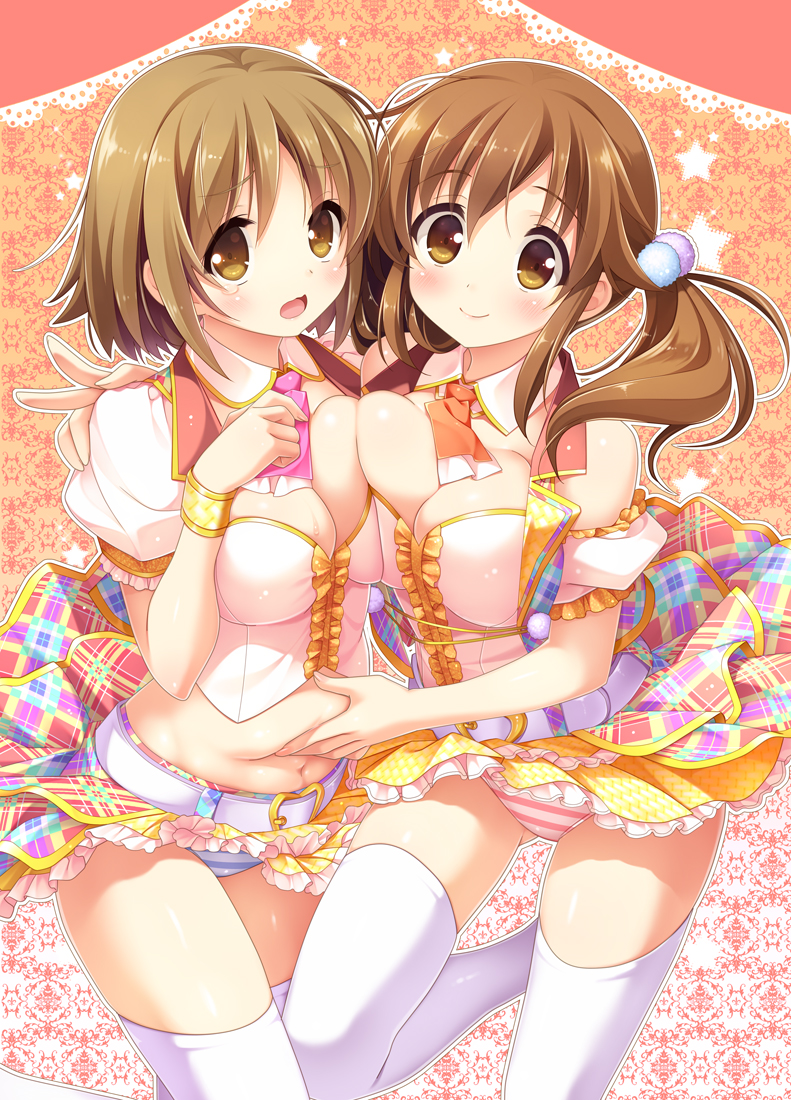2girls arm_around_shoulder ascot bangs belly_grab belt blue_panties blush bow breast_press breasts brown_eyes brown_hair cinderella_dream closed_mouth collar commentary detached_collar eyebrows_visible_through_hair female frilled_skirt frills frown hair_bow highres idol idolmaster idolmaster_cinderella_girls kanekiyo_miwa layered_skirt leg_up long_hair looking_at_viewer low_twintails medium_breasts mimura_kanako miniskirt multicolored multicolored_clothes multicolored_skirt multiple_girls nail_polish navel open_mouth panties pink_nails pink_panties pleated_skirt puffy_short_sleeves puffy_sleeves red_neckwear shirt short_hair short_sleeves skindentation skirt smile standing standing_on_one_leg star striped striped_panties symmetrical_docking tearing_up thigh-highs totoki_airi twintails underwear white_belt white_collar white_legwear white_shirt wing_collar