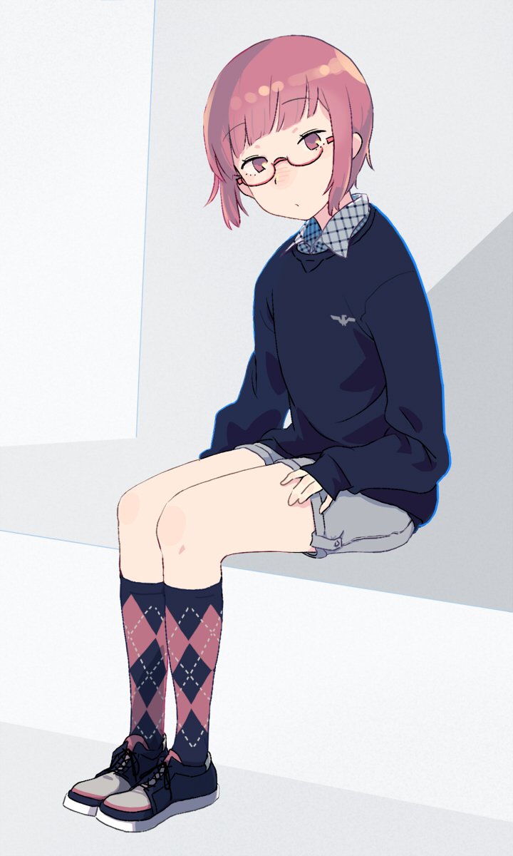 1girl :o alternate_costume argyle argyle_legwear bangs blunt_bangs brown_eyes brown_hair eyebrows_visible_through_hair full_body glasses grey_shorts highres kantai_collection long_sleeves looking_at_viewer open_mouth shoes short_hair shorts simple_background sitting sneakers socks solo sweater white_background you_(yawnmgmg) z3_max_schultz_(kantai_collection)