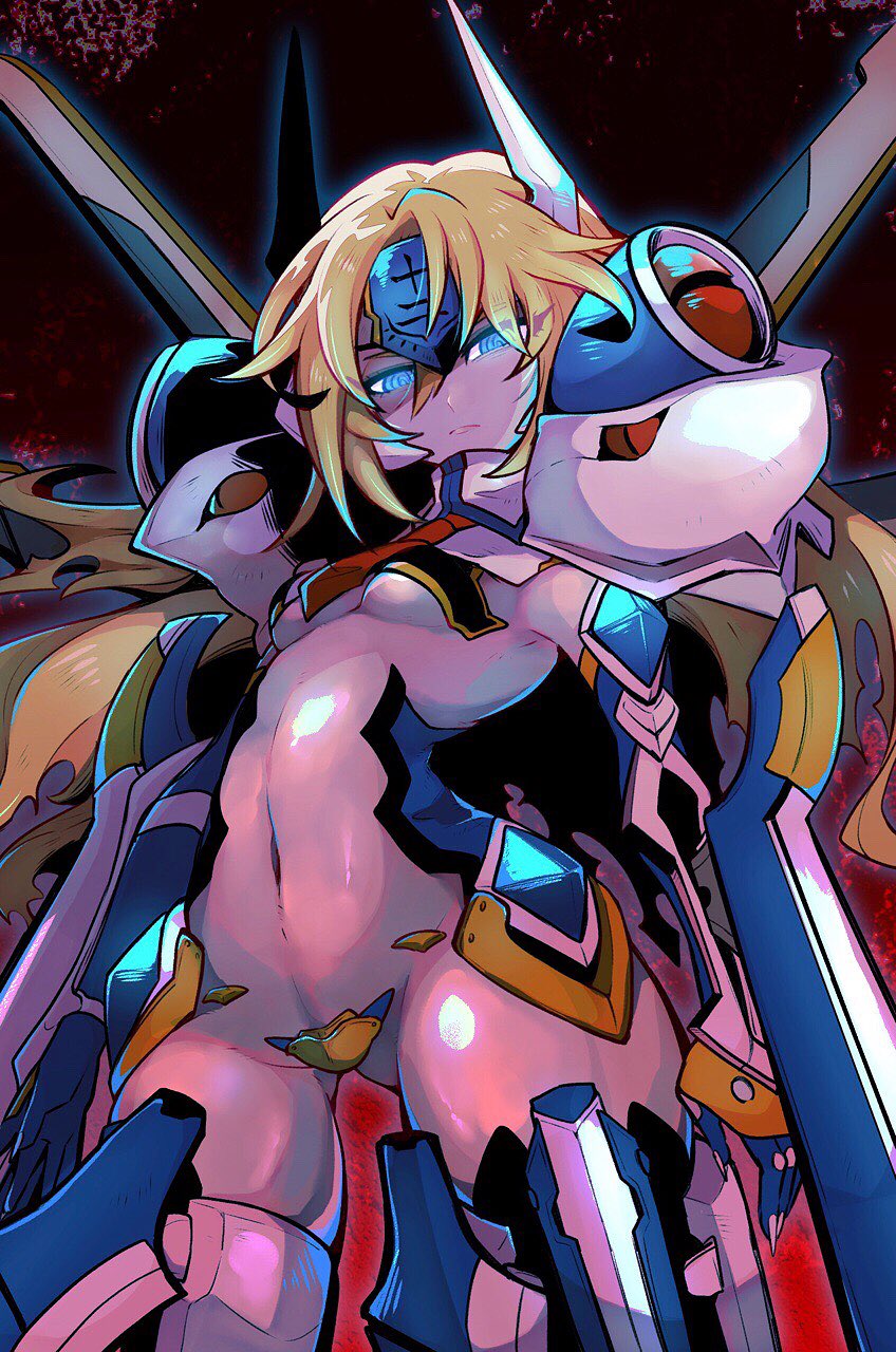 1girl armpit_crease armpits blazblue blonde_hair blue_eyes blue_gloves elbow_gloves gem gloves glowing glowing_eyes headpiece highres mako_gai medium_hair mu-12 navel necktie noel_vermillion pink_lips red_neckwear shaded_face shiny shiny_skin solo