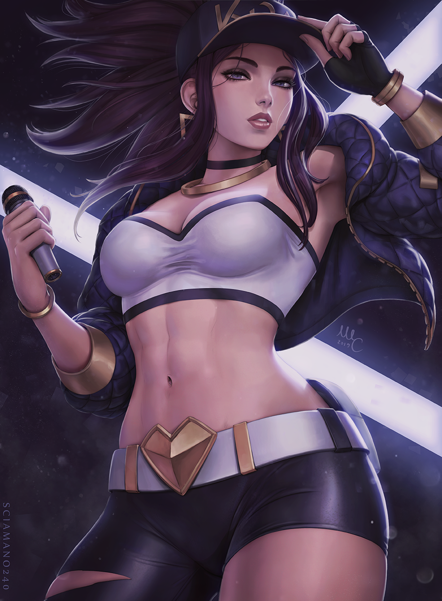 1girl akali breasts earrings hat highres jewelry kewne league_of_legends long_hair navel necklace parted_lips purple_hair sciamano240 solo