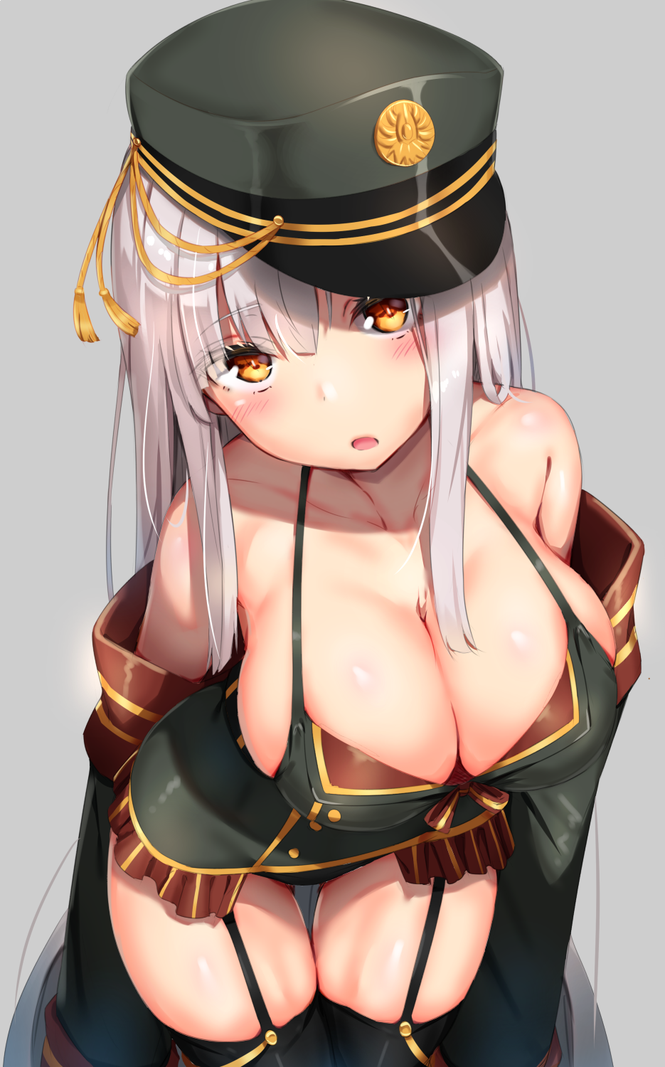 1girl bangs bare_shoulders black_legwear blush breasts brown_eyes cleavage collarbone commentary_request detached_sleeves eyebrows_visible_through_hair garters hat highres large_breasts leaning_forward long_hair looking_at_viewer military military_hat military_uniform open_mouth original peaked_cap reinama silver_hair solo standing thigh-highs uniform