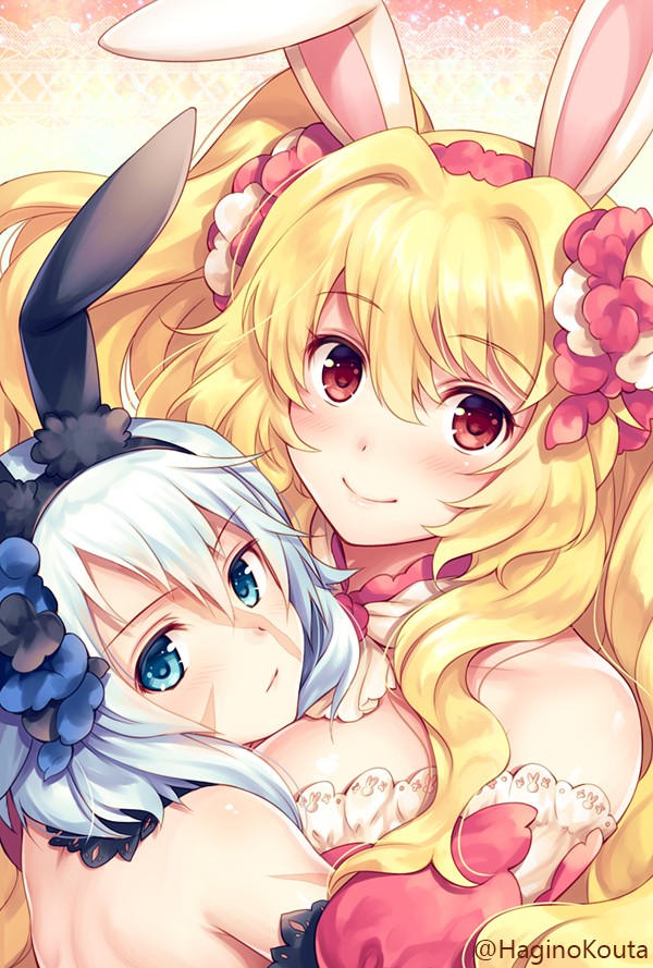 2girls animal_ears anne_bonny_(fate/grand_order) bangs bare_shoulders black_hairband blonde_hair blue_eyes blue_hair blush breasts closed_mouth commentary_request eyebrows_visible_through_hair facial_scar fake_animal_ears fate/grand_order fate_(series) hagino_kouta hair_between_eyes hairband long_hair mary_read_(fate/grand_order) medium_breasts multiple_girls puffy_short_sleeves puffy_sleeves rabbit_ears red_eyes red_sleeves scar short_sleeves smile strapless twitter_username
