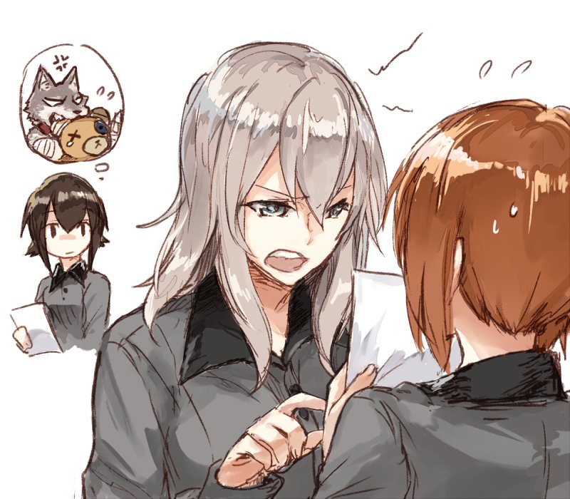 3girls anger_vein angry bandage bangs blank_eyes blue_eyes boko_(girls_und_panzer) brown_eyes brown_hair closed_mouth comic commentary cropped_torso dog dress_shirt flying_sweatdrops frown girls_und_panzer grey_shirt holding holding_paper imagining itsumi_erika kuromorimine_school_uniform long_hair long_sleeves looking_at_another multiple_girls nishizumi_maho nishizumi_miho open_mouth paper school_uniform shirt short_hair shouting siblings silent_comic silver_hair simple_background sisters sketch standing sweatdrop tearing_up tedy5845 thought_bubble v-shaped_eyes white_background