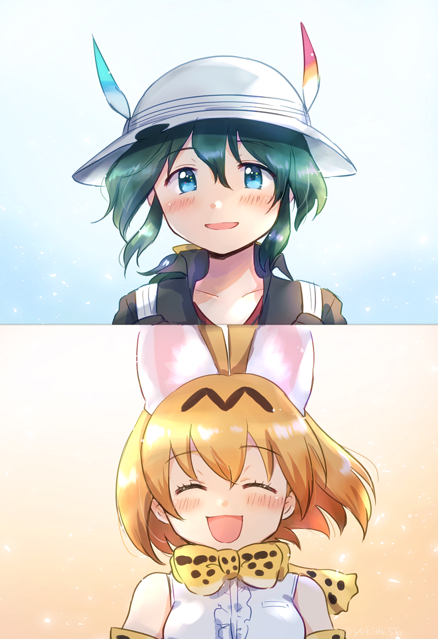 2girls :d animal_ears artist_request backpack bag bare_shoulders black_gloves black_shirt blonde_hair blue_background blue_eyes blush bow bowtie closed_eyes collarbone collared_shirt eyebrows_visible_through_hair frilled_shirt frills gloves green_hair happy hat hat_feather helmet highres kaban_(kemono_friends) kemono_friends messy_hair multiple_girls older open_mouth pith_helmet red_shirt serval_(kemono_friends) serval_ears serval_print shirt short_hair sleeveless sleeveless_shirt smile source_request spoilers striped striped_shirt v-neck white_hat white_shirt yellow_background