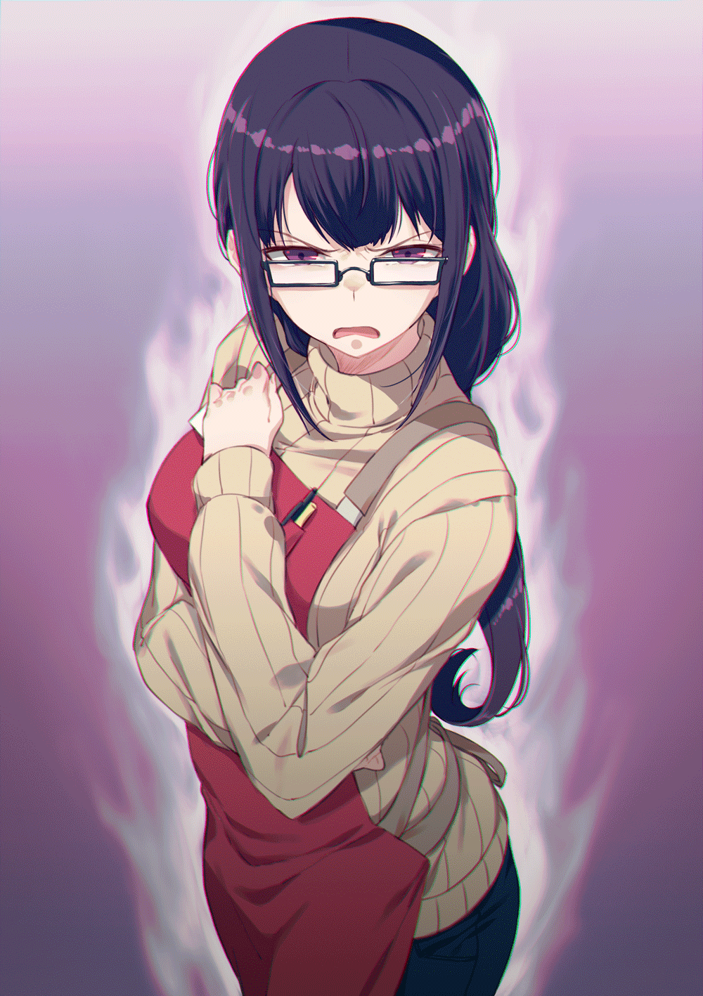 1girl 40hara apron bangs black-framed_eyewear breast_pocket breasts commentary_request cowboy_shot denim eyebrows_visible_through_hair glaring glasses highres iya_na_kao_sare_nagara_kozukuri_sasete_moraitai long_hair long_sleeves looking_at_viewer name_tag open_mouth original pants pen pocket purple_hair red_apron sidelocks solo sweater turtleneck turtleneck_sweater violet_eyes