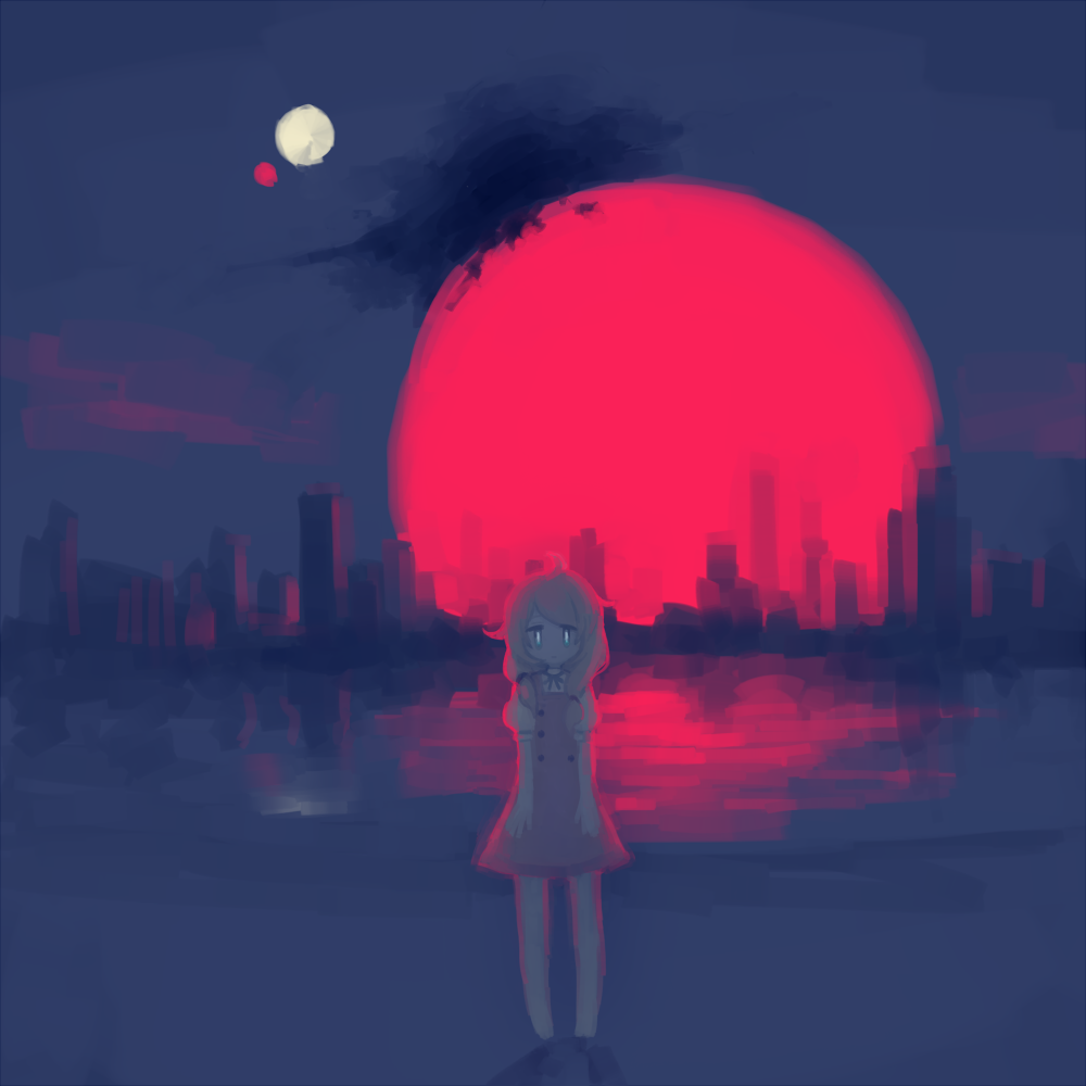 1girl arms_at_sides backlighting bare_legs blonde_hair blue_eyes blurry blurry_background bow bowtie cityscape commentary dark double-breasted dress expressionless full_body full_moon idolmaster idolmaster_cinderella_girls looking_at_viewer moon multiple_moons naname_(fossama1) night outdoors pink_dress puffy_sleeves red_sun river short_dress short_sleeves standing sunset twintails uneven_twintails water yusa_kozue