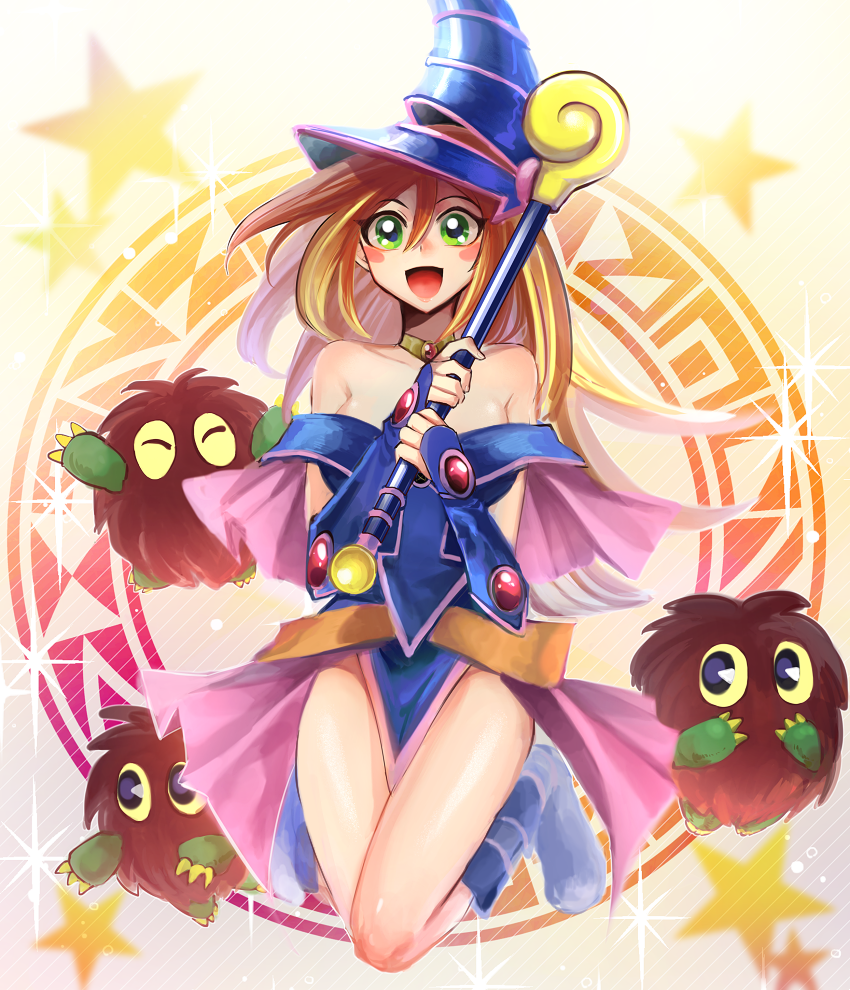 1girl :d blonde_hair blue_footwear blue_leotard blue_sleeves boots breasts choker collarbone dark_magician_girl detached_sleeves full_body green_eyes hair_between_eyes hat holding holding_staff kuriboh leotard long_hair looking_at_viewer medium_breasts open_mouth sk816 smile staff yu-gi-oh!