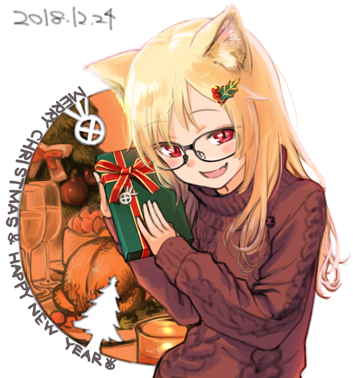 1girl animal_ears bangs blonde_hair blush box cat_ears christmas dated english_text eyebrows_visible_through_hair fang gift gift_box glasses happy_new_year long_hair merry_christmas new_year open_mouth original pine pine-chan_ver._2 red_eyes solo sweater upper_body white_background