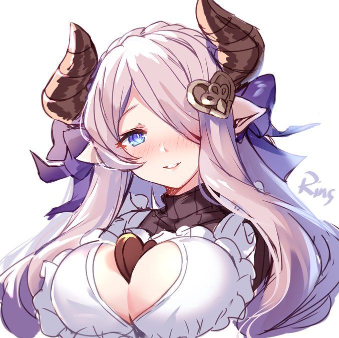 1girl aki663 apron between_breasts blue_eyes blush bow breasts chocolate chocolate_heart cleavage draph frilled_apron frills granblue_fantasy hair_bow hair_ornament hair_over_one_eye hair_ribbon heart heart_hair_ornament horns large_breasts lavender_hair long_hair looking_at_viewer narmaya_(granblue_fantasy) parted_lips pointy_ears purple_bow purple_ribbon ribbed_sweater ribbon sketch smile solo sweater turtleneck turtleneck_sweater upper_body white_apron