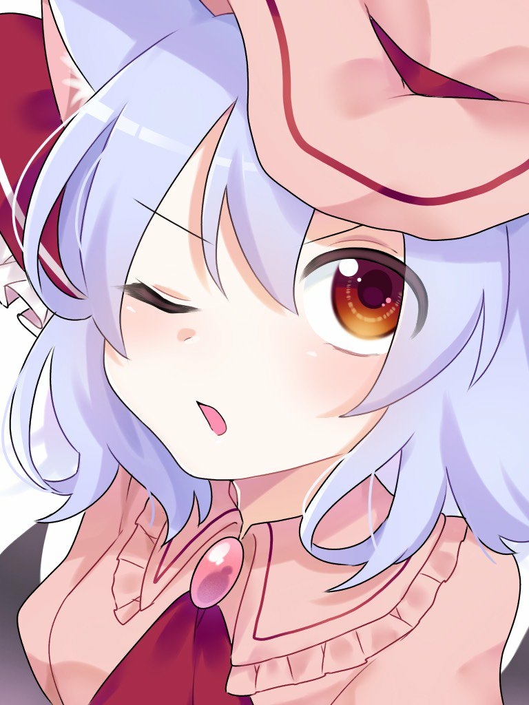 1girl animal_ear_fluff animal_ears bangs blush brown_eyes cat_ears collared_shirt eringi_(rmrafrn) eyebrows_visible_through_hair frilled_ribbon frilled_shirt_collar frills hair_between_eyes hat kemonomimi_mode mob_cap one_eye_closed parted_lips pink_hat pink_shirt puffy_short_sleeves puffy_sleeves purple_hair red_neckwear red_ribbon remilia_scarlet ribbon shirt short_sleeves solo touhou upper_body