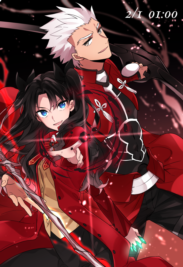 1boy 1girl :d archer black_background black_bow black_hair black_pants black_skirt blue_eyes bow bow_(weapon) bowtie coat fate/stay_night fate_(series) grey_eyes hair_bow long_hair looking_at_viewer oekaki-daisuki-dessu open_mouth pants red_bow red_coat skirt smile sword tohsaka_rin two_side_up weapon white_hair