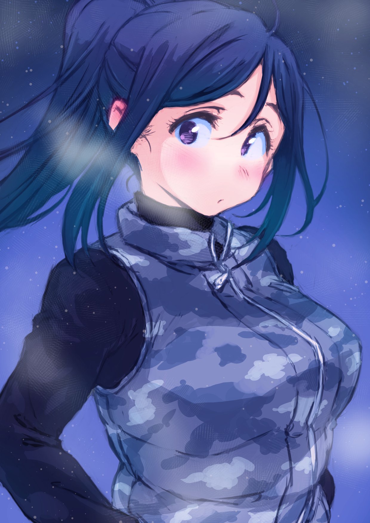 1girl ahoge ayumu-k blue_hair blue_shirt blue_vest blush breath camouflage commentary_request expressionless hair_between_eyes highres long_hair long_sleeves looking_at_viewer love_live! love_live!_sunshine!! matsuura_kanan ponytail shirt sidelocks snowing solo upper_body vest violet_eyes