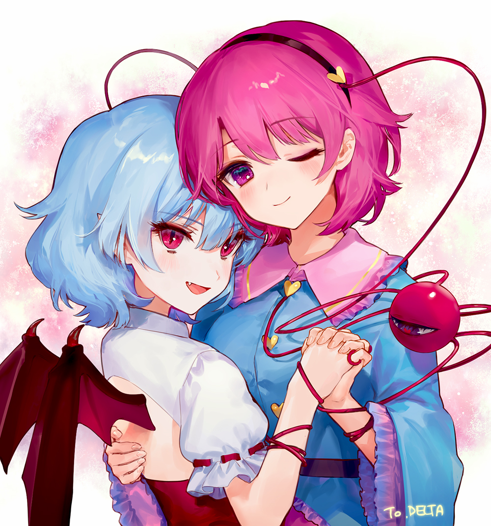 2girls :d ;) ainy77 back_cutout bangs bat_wings belt black_belt black_hairband blue_hair blue_shirt blush breasts commentary_request dress eyebrows_visible_through_hair eyelashes eyeshadow fang frilled_shirt_collar frilled_sleeves frills hair_between_eyes hair_ornament hairband hand_holding head_tilt heart heart_hair_ornament komeiji_satori long_sleeves looking_at_viewer makeup medium_breasts multiple_girls no_hat no_headwear one_eye_closed open_mouth pink_background pink_eyes pink_hair pointy_ears puffy_short_sleeves puffy_sleeves red_eyes remilia_scarlet shirt short_hair short_sleeves slit_pupils smile third_eye touhou upper_body white_dress wide_sleeves wings yuri