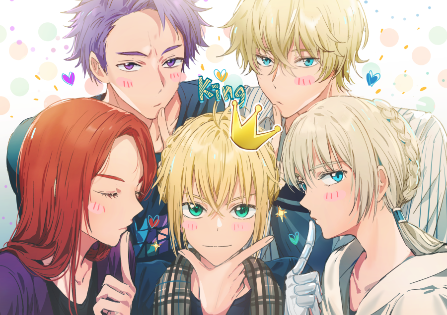 1girl 4boys ahoge alternate_costume artoria_pendragon_(all) bedivere blonde_hair blue_eyes blue_shirt blush braid casual closed_eyes closed_mouth crown dangmill eyebrows_visible_through_hair fate/grand_order fate_(series) finger_gun finger_to_mouth gawain_(fate/grand_order) green_eyes hair_bun heart hood hoodie knights_of_the_round_table_(fate) lancelot_(fate/grand_order) long_hair multiple_boys patterned_background plaid plaid_scarf purple_hair purple_shirt redhead saber scarf shirt short_hair sparkle striped_jacket tristan_(fate/grand_order) violet_eyes white_background