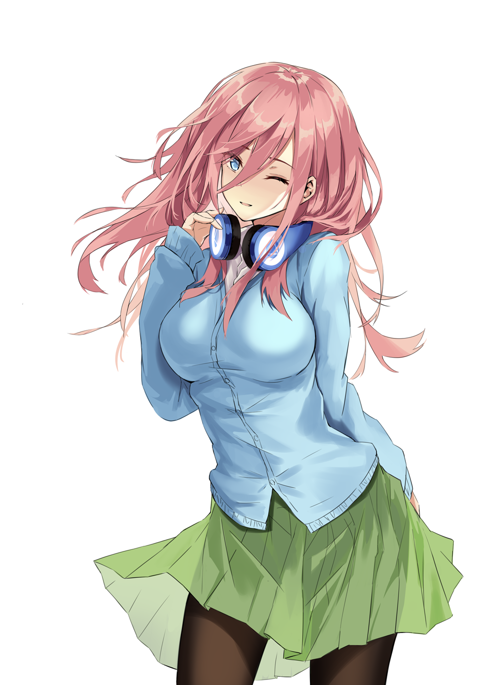 1girl augu_(523764197) bangs black_legwear blue_cardigan blue_eyes breasts cardigan go-toubun_no_hanayome green_skirt hair_between_eyes hand_on_headphones head_tilt headphones headphones_around_neck highres large_breasts legs long_hair long_sleeves nakano_miku one_eye_closed open_mouth pantyhose pink_hair shirt simple_background skirt solo standing thighs white_background white_shirt