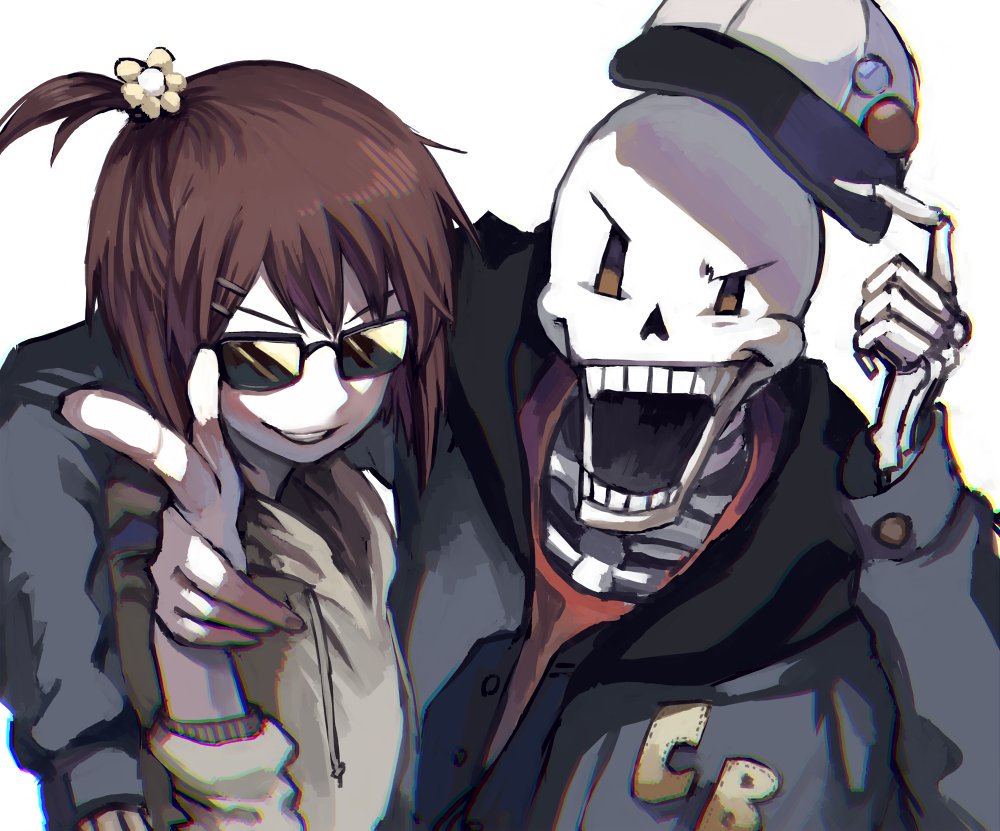 1boy 1other androgynous brown_hair chara_(undertale) hood hoodie open_mouth papyrus_(undertale) short_hair shousan_(hno3syo) skeleton smile source_request undertale