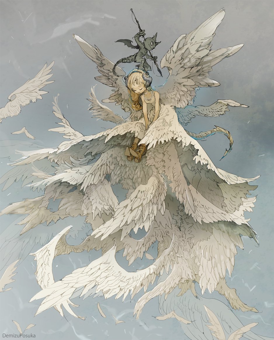 1girl bangs bird blonde_hair boots brown_footwear closed_eyes demizu_posuka demon demon_tail dress feathered_wings hairband horns long_hair multiple_wings no_nose original smile standing_on_head tail white_bird white_dress white_feathers white_wings wings