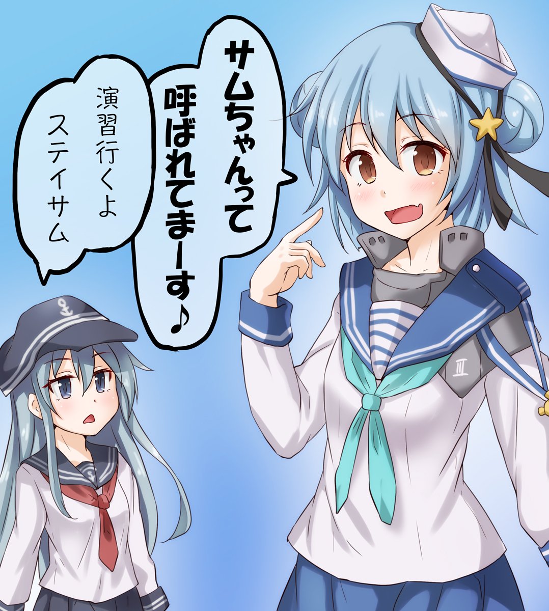 2girls anti_(untea9) blue_background blue_eyes blue_hair collarbone commentary_request dixie_cup_hat double_bun dress fang hat hibiki_(kantai_collection) highres kantai_collection long_hair looking_at_viewer military_hat multiple_girls navy_cross open_mouth pointing pointing_at_self sailor_dress samuel_b._roberts_(kantai_collection) school_uniform short_hair simple_background translation_request yellow_eyes