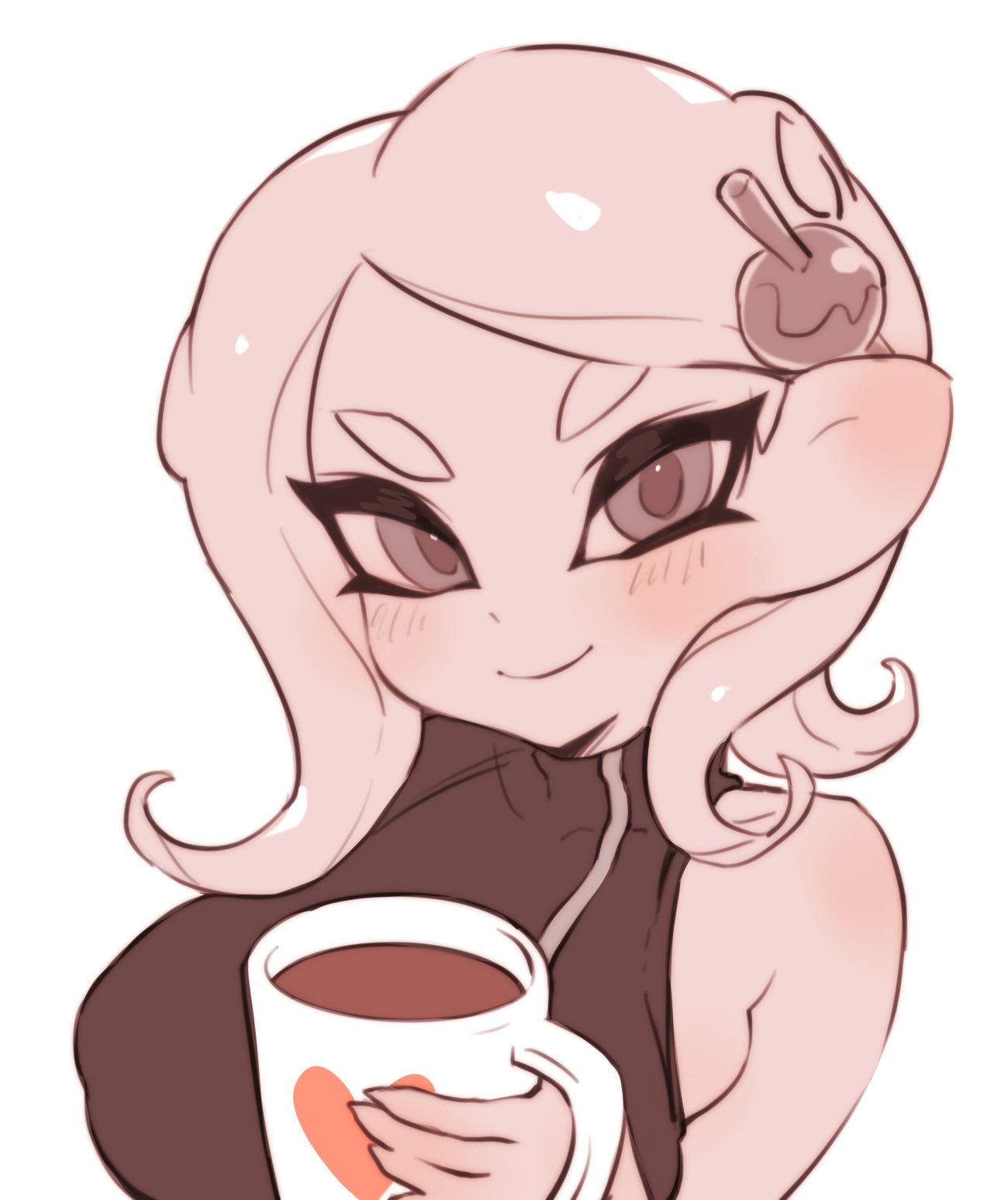 1girl breasts closed_mouth coffee cup food heart highres holding holding_cup jtveemo large_breasts long_hair looking_at_viewer mug octarian octoling simple_background single_bare_shoulder single_sleeve smile solo splatoon splatoon_(series) splatoon_2 splatoon_2:_octo_expansion takoyaki tentacle_hair turtleneck upper_body white_background