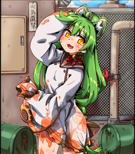 1girl akashi_(azur_lane) animal_ear_fluff animal_ears azur_lane bangs blush blush_stickers breasts clouds eyebrows_visible_through_hair fence green_hair hair_between_eyes hihachi long_hair long_sleeves looking_at_viewer open_mouth outdoors pipe sky solo translated yellow_eyes