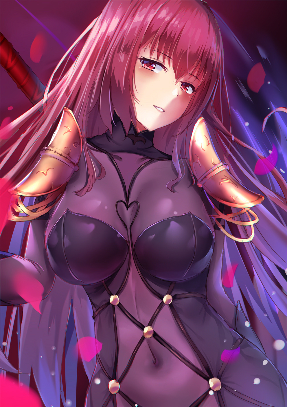 1girl bangs blush bodysuit breasts covered_navel eric_(pixiv9123557) eyebrows_visible_through_hair fate/grand_order fate_(series) gae_bolg hair_between_eyes head_tilt highres holding large_breasts long_hair looking_at_viewer parted_lips pauldrons petals polearm purple_bodysuit purple_hair red_eyes revision scathach_(fate)_(all) scathach_(fate/grand_order) sidelocks smile solo spear very_long_hair weapon