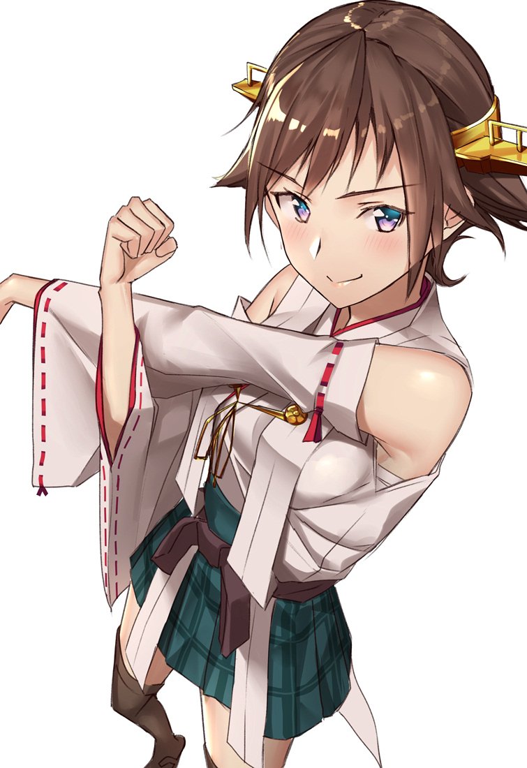 1girl blush boots breasts brown_hair closed_mouth detached_sleeves flipped_hair green_skirt hairband headgear hiei_(kantai_collection) japanese_clothes kantai_collection looking_at_viewer medium_breasts nontraditional_miko pallad plaid ribbon-trimmed_sleeves ribbon_trim short_hair skirt solo thigh-highs thigh_boots twitter_username violet_eyes