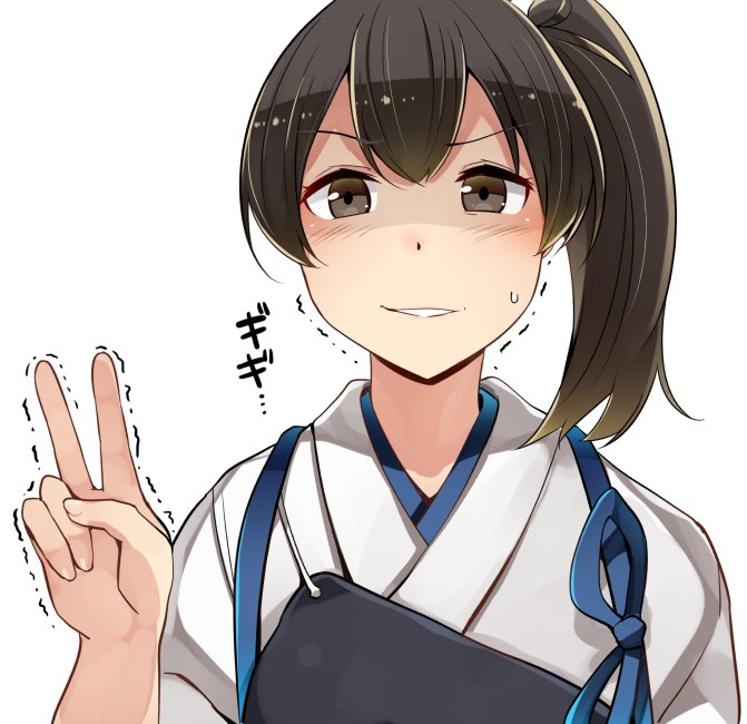 1girl blush brown_eyes brown_hair commentary_request hair_between_eyes ido_(teketeke) japanese_clothes kaga_(kantai_collection) kantai_collection muneate shaded_face short_hair side_ponytail simple_background smile solo sweat tasuki trembling upper_body v white_background