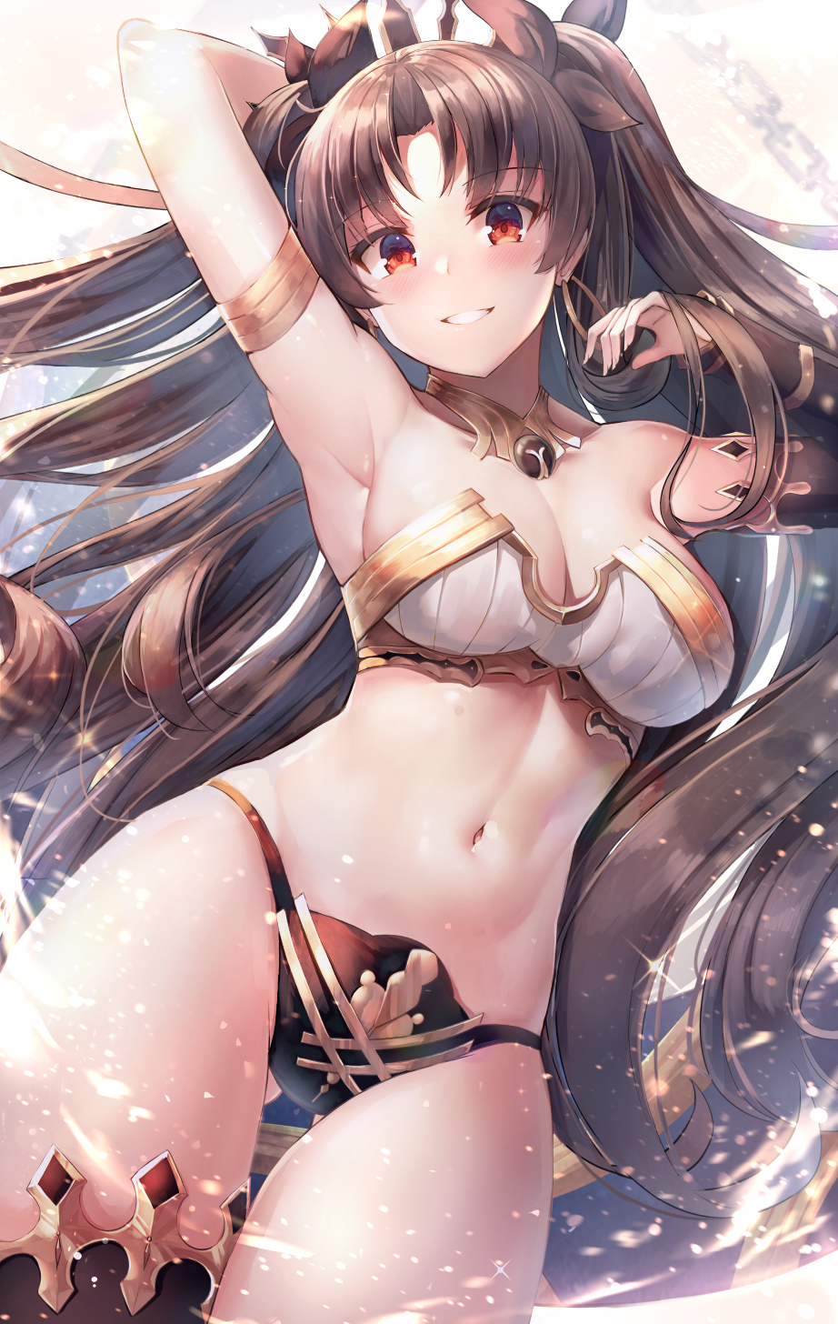 1girl arm_behind_head armlet armpits ass_visible_through_thighs asymmetrical_legwear asymmetrical_sleeves bangs bare_shoulders black_hair blush breasts bridal_gauntlets cleavage commentary crown detached_collar earrings elbow_gloves eyebrows_visible_through_hair fate/grand_order fate_(series) glint gloves gold gold_trim grin hair_ribbon hand_up highres hoop_earrings ishtar_(fate/grand_order) jewelry light_particles long_hair long_legs looking_at_viewer medium_breasts motokonut navel parted_bangs red_eyes ribbon single_elbow_glove single_thighhigh skindentation smile solo stomach thigh-highs thighs two_side_up