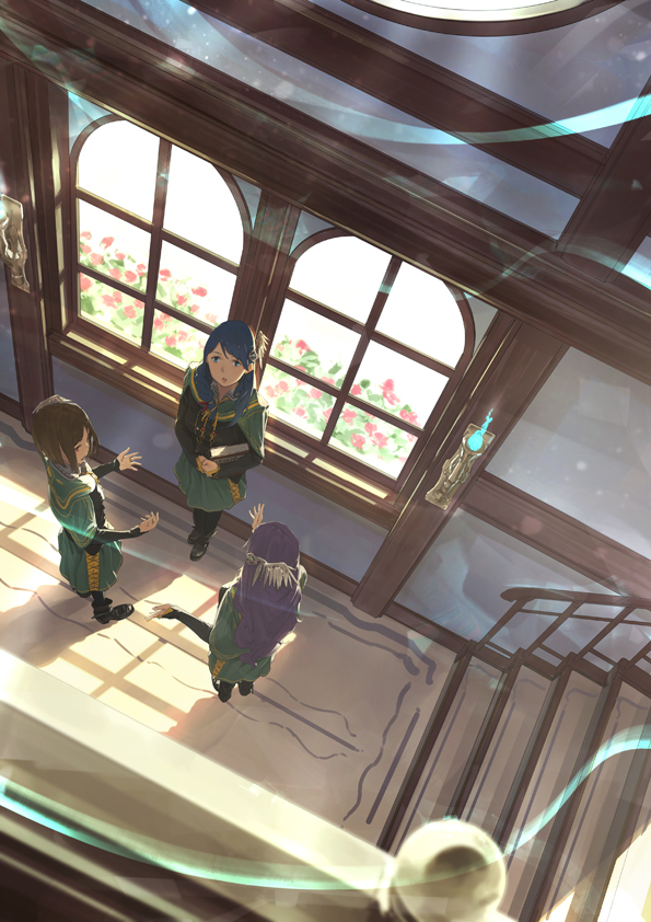 3girls black_hair book brown_hair capelet fantasy flower from_above hair_ornament holding holding_book indoors long_hair looking_to_the_side multiple_girls original purple_hair school shadow skirt somehira_katsu stairs talking window