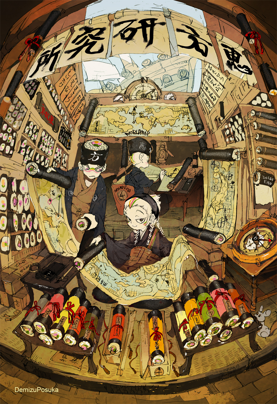 ambiguous_gender artist_name black_hat black_kimono compass demizu_posuka food green_hair hat highres holding holding_map japanese_clothes kimono looking_at_viewer map multicolored_hair orange_hair original pink_hair scroll shelf ship smile streaked_hair sushi watercraft white_hair world_map