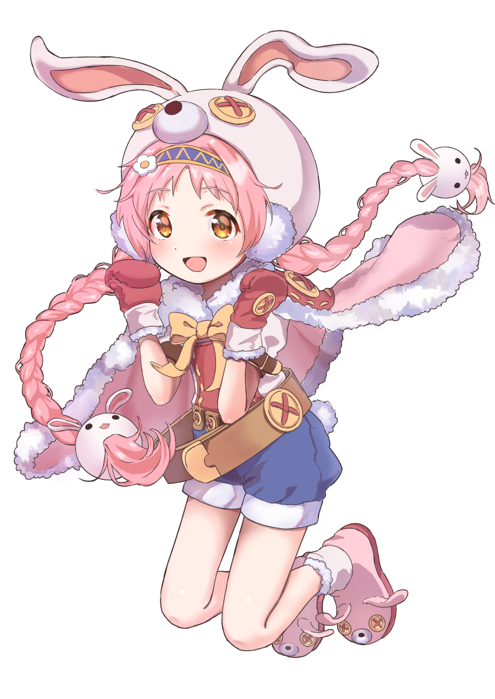 1girl akane_mimi animal_hood belt braid bunny_hair_ornament commentary_request earmuffs flower gloves hair_flower hair_ornament headband highres hood long_hair looking_at_viewer oota_(monokuro--02) open_mouth pink_hair princess_connect! princess_connect!_re:dive ribbon shoes shorts simple_background solo twin_braids white_background yellow_eyes