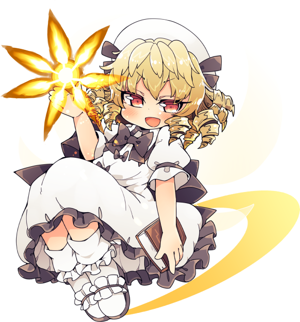 1girl arm_up blonde_hair book commentary_request crescent_moon curly_hair dress fairy fairy_wings hat ini_(inunabe00) knees_up light luna_child magic moon open_mouth red_eyes short_hair slippers smile socks solo touhou transparent_background white_dress white_footwear white_hat wings