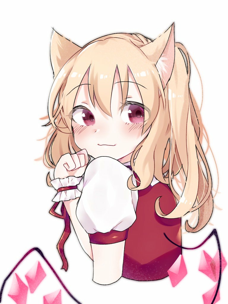1girl animal_ear_fluff animal_ears bangs blonde_hair blush cat_ears cropped_torso crystal eringi_(rmrafrn) eyebrows_visible_through_hair flandre_scarlet hair_between_eyes hand_up kemonomimi_mode long_hair puffy_short_sleeves puffy_sleeves red_eyes red_vest shirt short_sleeves simple_background solo touhou upper_body vest white_background white_shirt wings wrist_cuffs