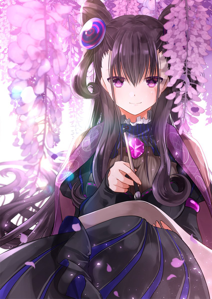 1girl bangs blurry blurry_foreground blush breasts brown_hair calligraphy_brush closed_mouth commentary_request depth_of_field eyebrows_visible_through_hair fate/grand_order fate_(series) fingernails flower hair_between_eyes hair_ornament highres holding holding_paintbrush iroha_(shiki) juliet_sleeves large_breasts long_hair long_sleeves murasaki_shikibu_(fate) paintbrush pink_flower puff_and_slash_sleeves puffy_sleeves ribbon-trimmed_dress ribbon_trim sidelocks smile solo two_side_up very_long_hair violet_eyes