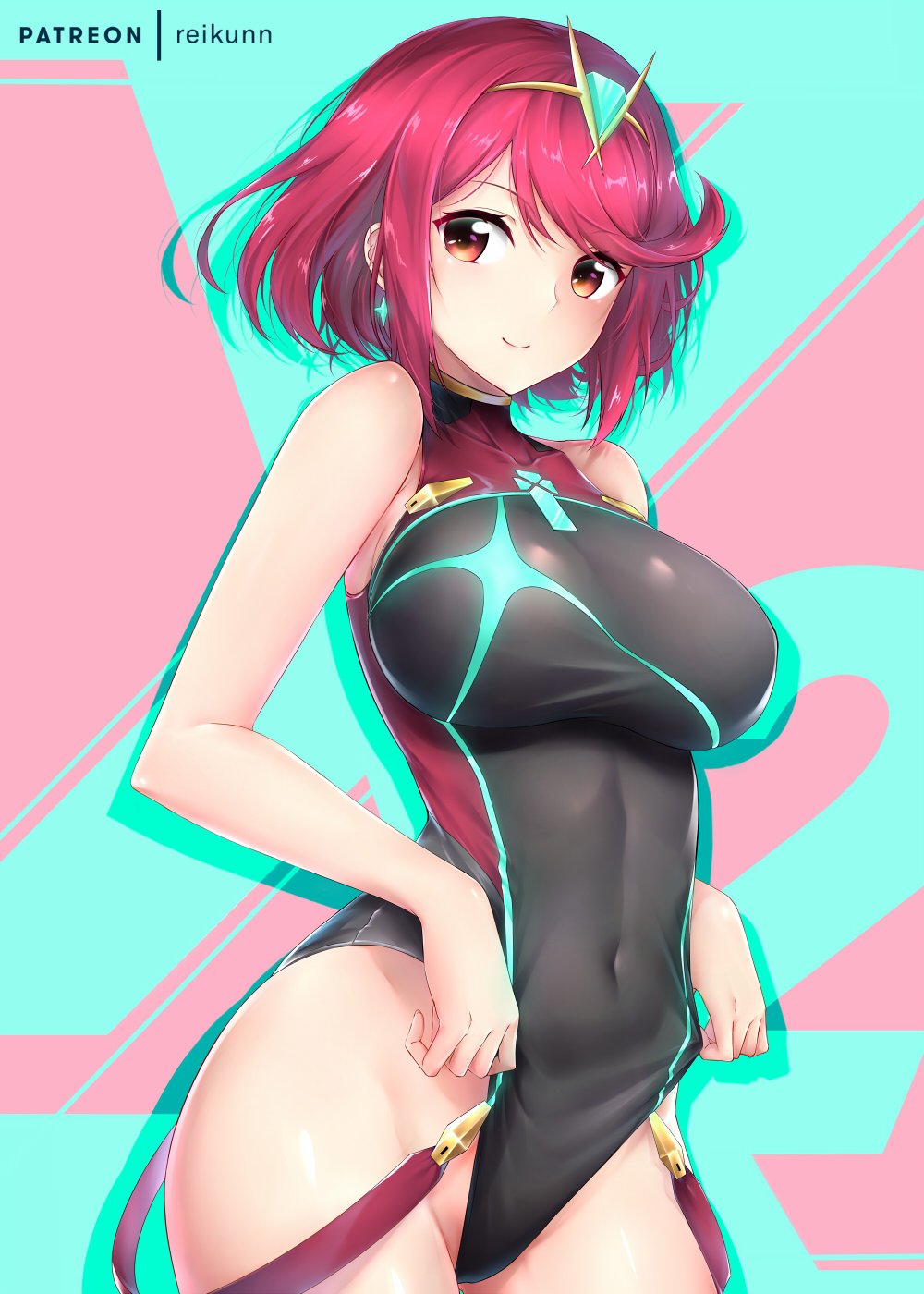 1girl adjusting_clothes adjusting_swimsuit aqua_background bangs black_swimsuit breasts casual_one-piece_swimsuit covered_navel cowboy_shot highres pyra_(xenoblade) large_breasts looking_at_viewer nintendo one-piece_swimsuit redhead rei_kun short_hair solo standing swept_bangs swimsuit tiara turtleneck xenoblade_(series) xenoblade_2