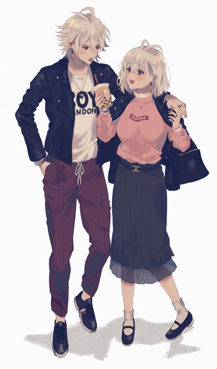 1boy 1girl :d antenna_hair aohitsugi_nemu aohitsugi_samatoki bead_bracelet beads belt black_footwear black_jacket black_skirt blush bracelet breasts brother_and_sister clothes_writing cup disposable_cup ear_piercing earrings eye_contact eyebrows_visible_through_hair full_body hands_in_pockets holding holding_cup humiyooo hypnosis_mic jacket jacket_on_shoulders jewelry large_breasts long_skirt long_sleeves looking_at_another mary_janes necklace open_clothes open_jacket open_mouth pants pendant piercing pink_sweater purple_pants ring see-through shirt shoes short_hair siblings silver_hair simple_background skirt smile sneakers socks standing sweater tongue tongue_out v-shaped_eyebrows white_background white_legwear white_shirt
