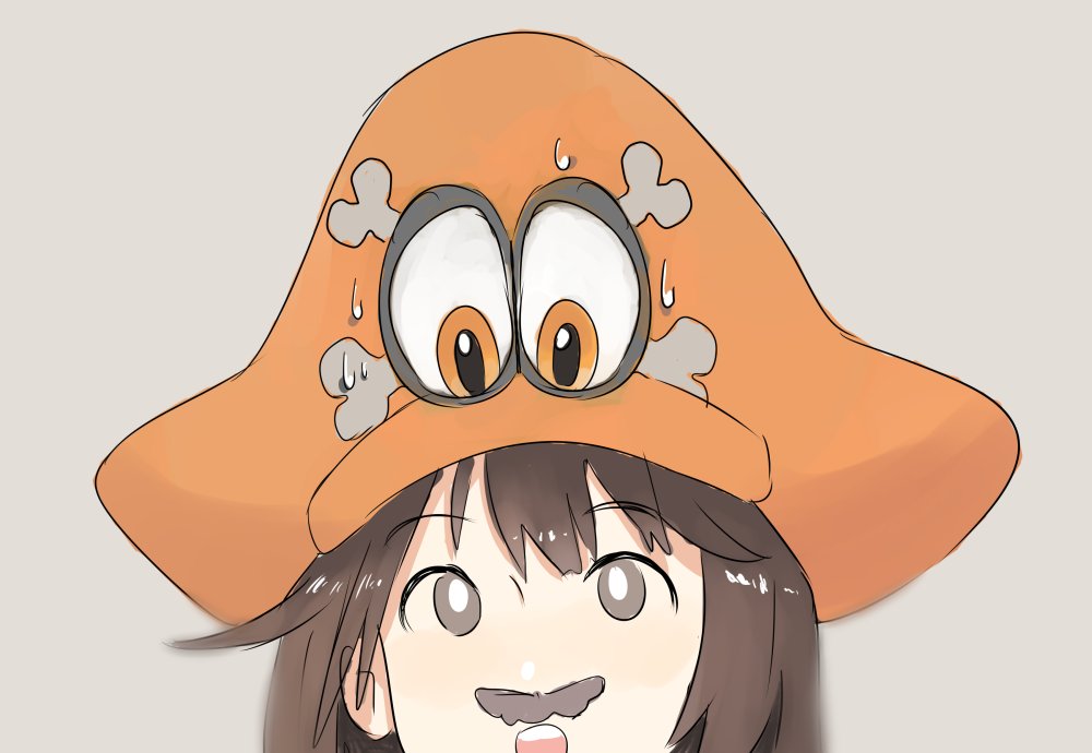 1girl brown_eyes brown_hair cappy_(mario) eyebrows_visible_through_hair facial_hair guilty_gear hair_between_eyes hat kuutochi looking_down looking_up super_mario_bros. may_(guilty_gear) mustache nervous nintendo open_mouth orange_hat pirate pirate_hat short_hair simple_background skull_and_crossbones super_mario_odyssey sweat sweatdrop