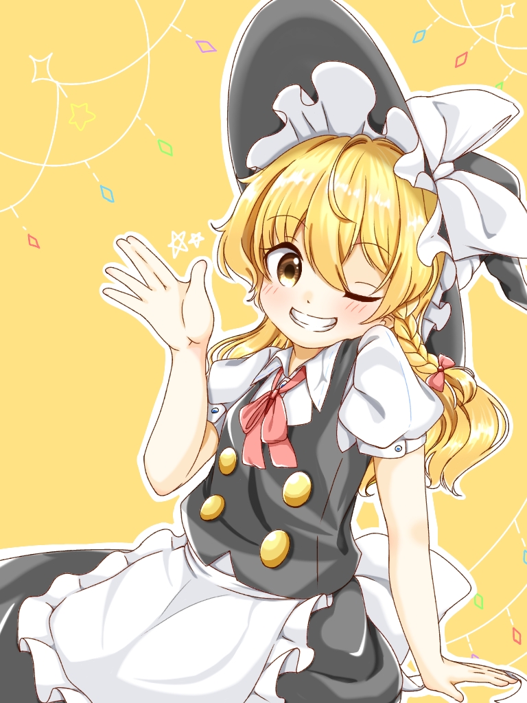 1girl arm_support blonde_hair blush bow bowtie braid grin hair_bow hat hat_bow hat_ribbon kirisame_marisa long_hair looking_at_viewer natsune_ilasuto one_eye_closed puffy_short_sleeves puffy_sleeves ribbon short_sleeves side_braid simple_background single_braid sitting skirt skirt_set smile solo star touhou vest waving wavy_hair witch_hat yellow_eyes