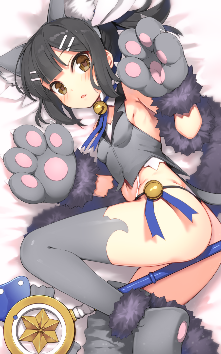 1girl animal_ears ass bangs bare_shoulders bell bell_choker between_legs black_hair black_panties blush breasts brown_eyes cat_ears cat_tail choker commentary_request eyebrows_visible_through_hair fake_animal_ears fate/kaleid_liner_prisma_illya fate_(series) fur_trim gloves grey_legwear hair_ornament hairclip highres kaleidostick long_hair looking_at_viewer lying miyu_edelfelt navel on_side open_mouth osa_(osaosa) panties paw_gloves paw_shoes paws shirt shoes sleeveless sleeveless_shirt small_breasts solo tail thigh-highs thong twintails underwear wand