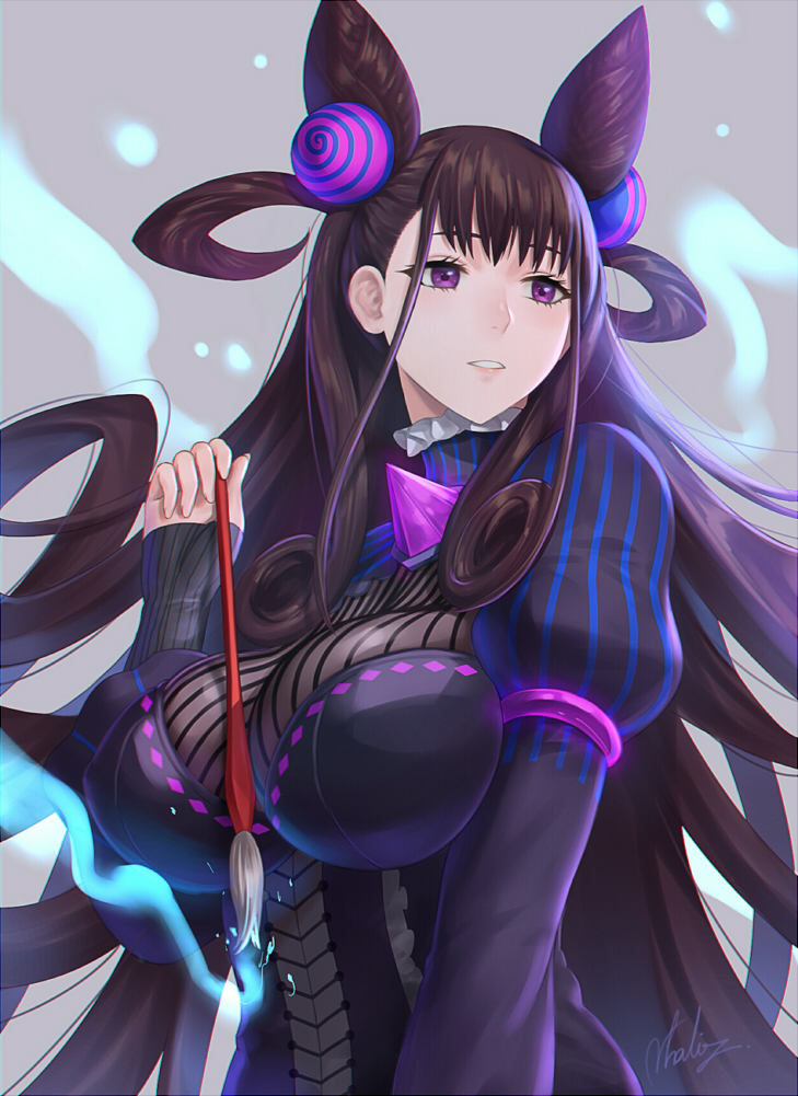 1girl bangs black_dress breasts brown_hair curly_hair double_bun dress fate/grand_order fate_(series) fingernails gem glowing grey_background holding holding_paintbrush juliet_sleeves large_breasts long_hair long_sleeves looking_away looking_to_the_side magic multicolored_hair murasaki_shikibu_(fate) natsuyu paintbrush parted_lips puffy_sleeves shiny shiny_hair signature simple_background sleeves_past_wrists solo streaked_hair striped turtleneck underbust upper_body violet_eyes