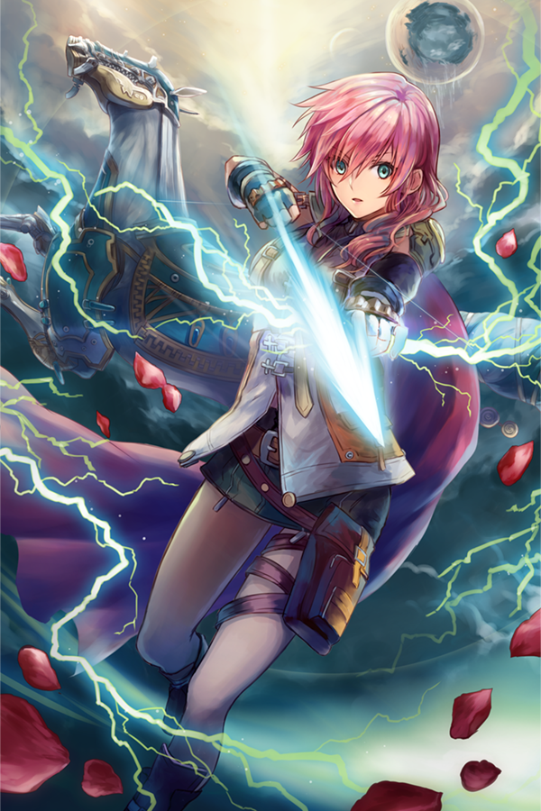 1girl arrow bangs belt belt_buckle black_gloves blue_eyes boots bow_(weapon) brown_belt buckle final_fantasy final_fantasy_xiii fingerless_gloves gloves green_skirt hair_between_eyes hair_over_shoulder holding holding_bow_(weapon) holding_weapon horse lightning lightning_farron long_hair looking_at_viewer miniskirt odin_(final_fantasy) open_mouth petals pink_hair sasanomesi shoulder_pads skirt solo thigh_strap weapon