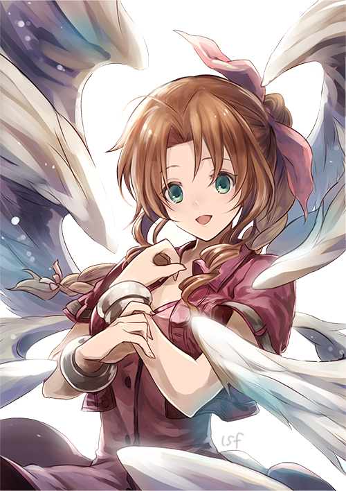 1girl :d aerith_gainsborough angel_wings aqua_eyes braid brown_hair buttons cropped_jacket dress feathered_wings final_fantasy final_fantasy_vii hair_intakes hair_ribbon jacket long_hair looking_at_viewer multiple_wings open_clothes open_jacket open_mouth pink_dress pink_ribbon red_jacket ribbon sasanomesi short_sleeves simple_background single_braid smile solo upper_body white_background white_wings wings