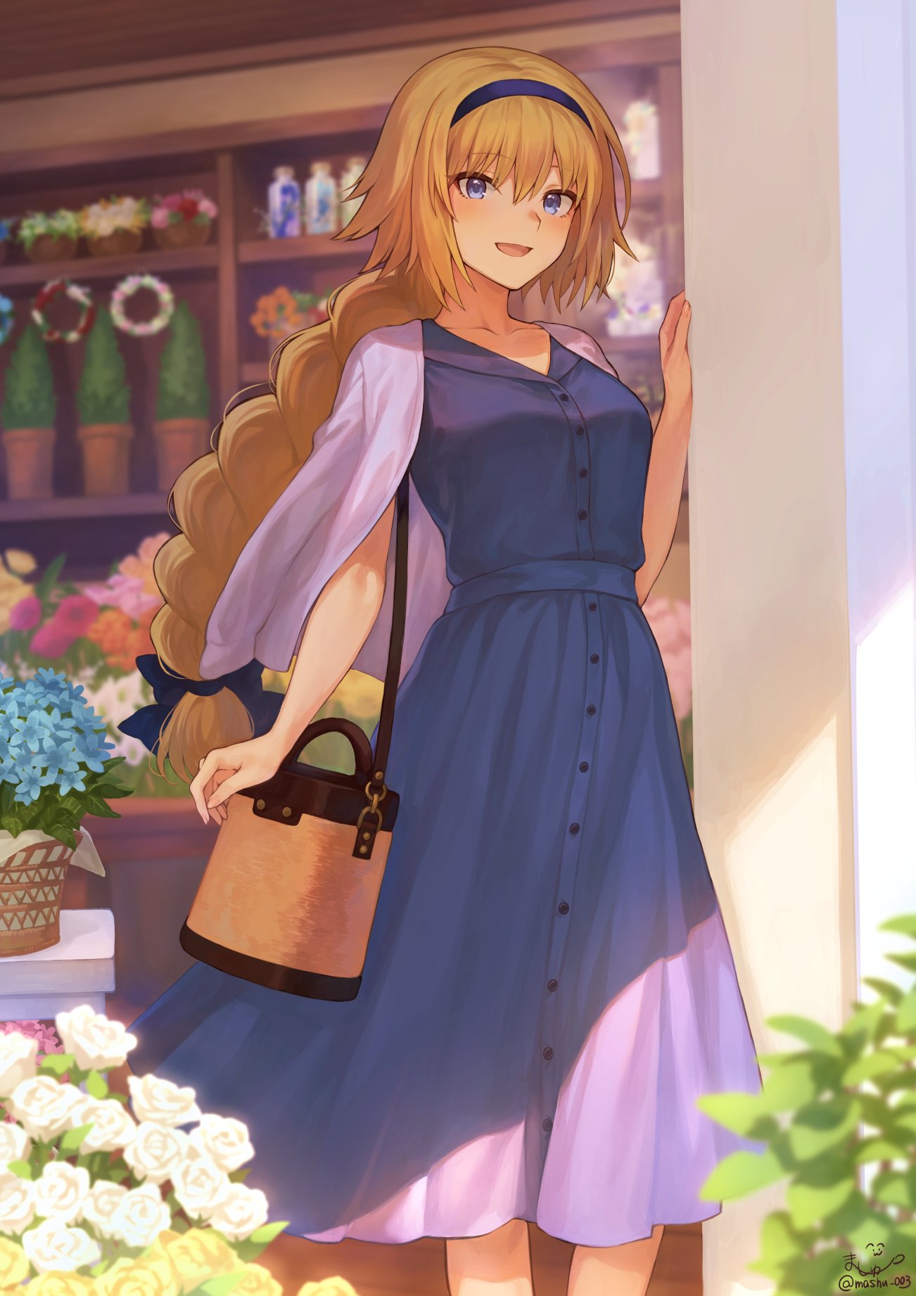1girl ahoge arm_at_side bag bangs blonde_hair blue_dress blurry blurry_background blush braid breasts buttons cardigan_on_shoulders casual collarbone dress eyebrows_visible_through_hair fate/grand_order fate_(series) flower_shop hairband hand_up highres indoors jeanne_d'arc_(fate)_(all) large_breasts long_hair looking_at_viewer mashu_003 open_mouth purple_cardigan shop shoulder_bag sidelocks single_braid smile solo very_long_hair