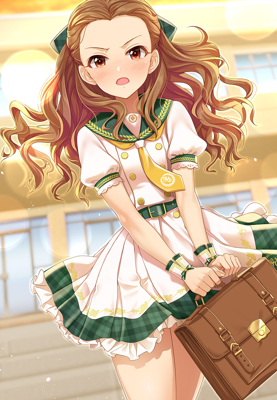 1girl angry belt blush bow brown_eyes brown_hair building day double-breasted forehead frilled_skirt frills green_bow hair_bow highres idolmaster idolmaster_cinderella_girls idolmaster_cinderella_girls_starlight_stage kazu long_hair looking_at_viewer open_mouth outdoors plaid plaid_skirt pleated_skirt puffy_sleeves red_eyes sailor_collar school_briefcase school_uniform seki_hiromi serafuku short_sleeves skirt solo walking wavy_hair wrist_cuffs