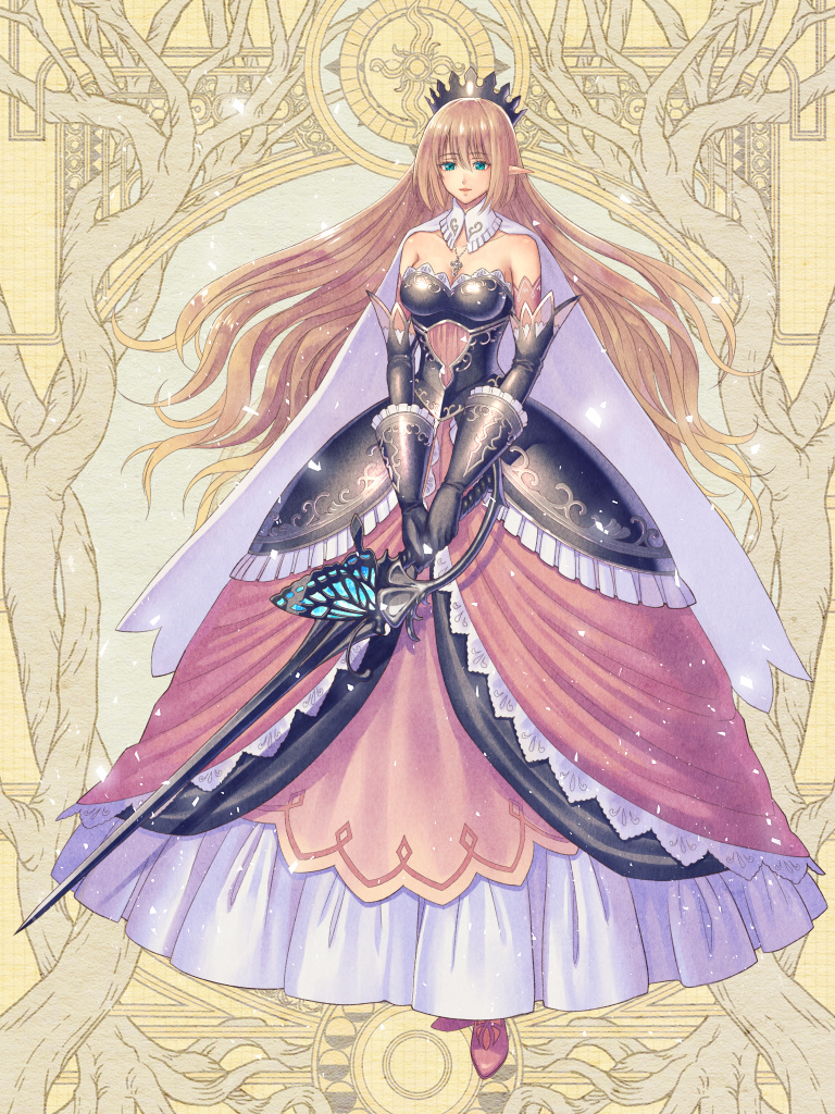 1girl aqua_eyes armor armored_dress bangs black_footwear blonde_hair blush clutch2130 dairoku_youhei full_body gauntlets holding holding_weapon long_hair looking_at_viewer official_art pointy_ears smile solo standing sword very_long_hair weapon