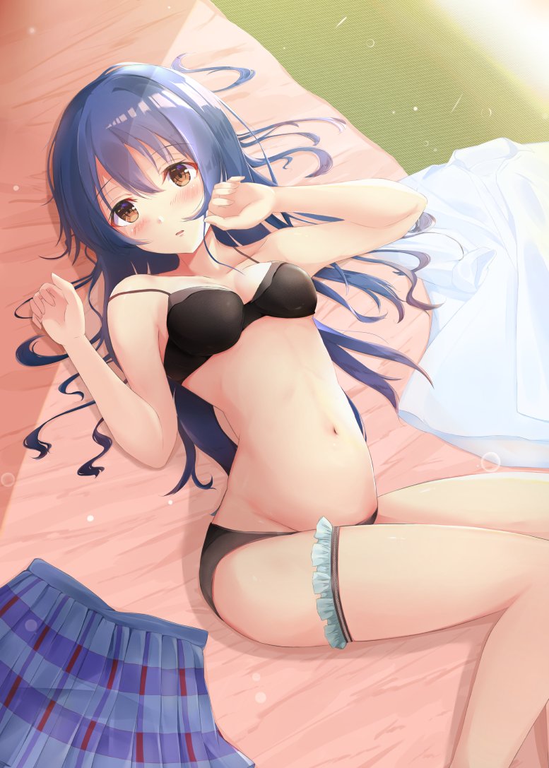 1girl amakawa_ruka bangs bed_sheet black_bra black_panties blue_hair blush bra clothes_removed commentary_request eyebrows_visible_through_hair from_above hair_between_eyes leg_garter long_hair looking_at_viewer love_live! love_live!_school_idol_project lying navel on_back on_bed panties parted_lips solo sonoda_umi underwear underwear_only yellow_eyes