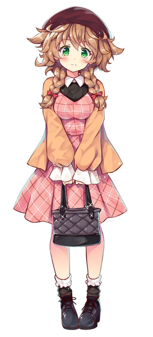 1girl alternate_costume bag bangs black_footwear blush bow braid brown_hair brown_jacket closed_mouth collared_shirt dress full_body green_eyes hair_bow handbag highres holding_handbag jacket long_hair long_sleeves low_twin_braids messy_hair moeki_yuuta nijisanji pink_dress red_bow shirt shoes sleeves_past_wrists smile socks solo twin_braids virtual_youtuber warabeda_meijii white_background white_legwear