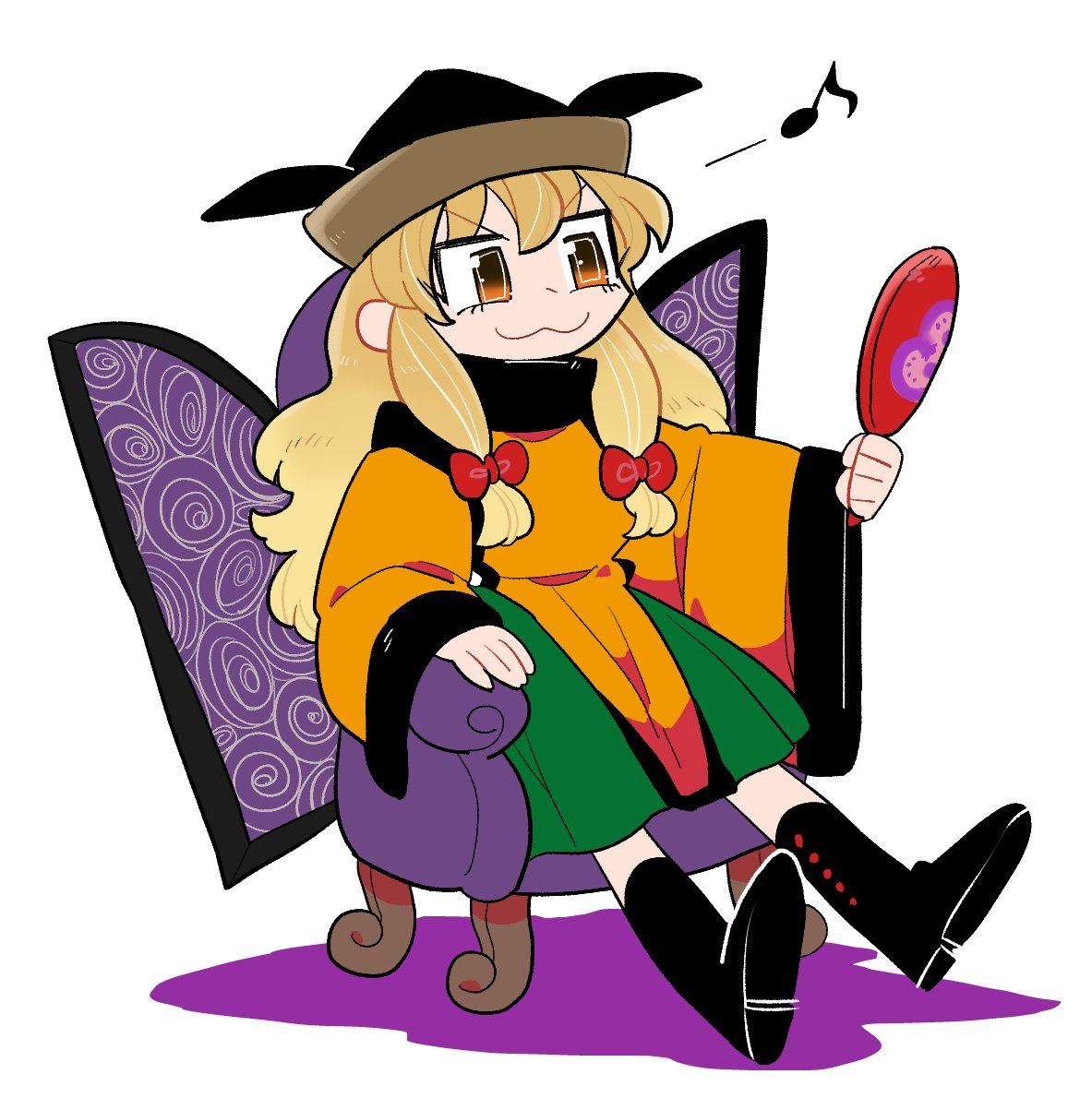 1girl :3 arm_rest black_eyes black_footwear black_hat blonde_hair boots bow brown_hat chair colored_shadow eighth_note furukawa_(yomawari) gradient_eyes hair_between_eyes hair_bow hand_mirror hat highres holding_mirror long_hair long_sleeves looking_at_mirror matara_okina mirror multicolored multicolored_eyes musical_note orange_eyes red_bow shadow sitting smile solo symbol-shaped_pupils tabard touhou v-shaped_eyebrows white_background wide_sleeves