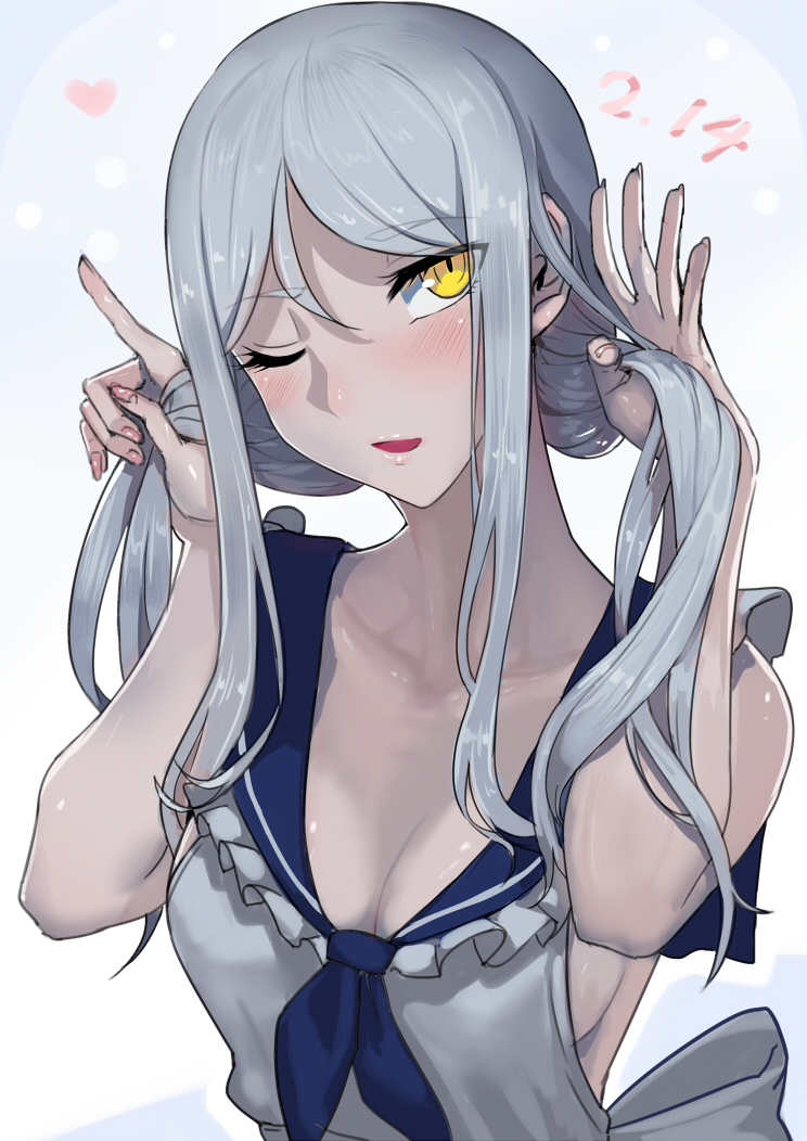 1girl alternate_hairstyle apron bangs blush breasts cleavage collarbone commentary_request eyebrows_visible_through_hair hair_between_eyes heart holding holding_hair kantai_collection long_hair looking_at_viewer medium_breasts one_eye_closed open_mouth pale_skin shinkaisei-kan simple_background smile solo ta-class_battleship twintails valentine walzrj white_hair yellow_eyes